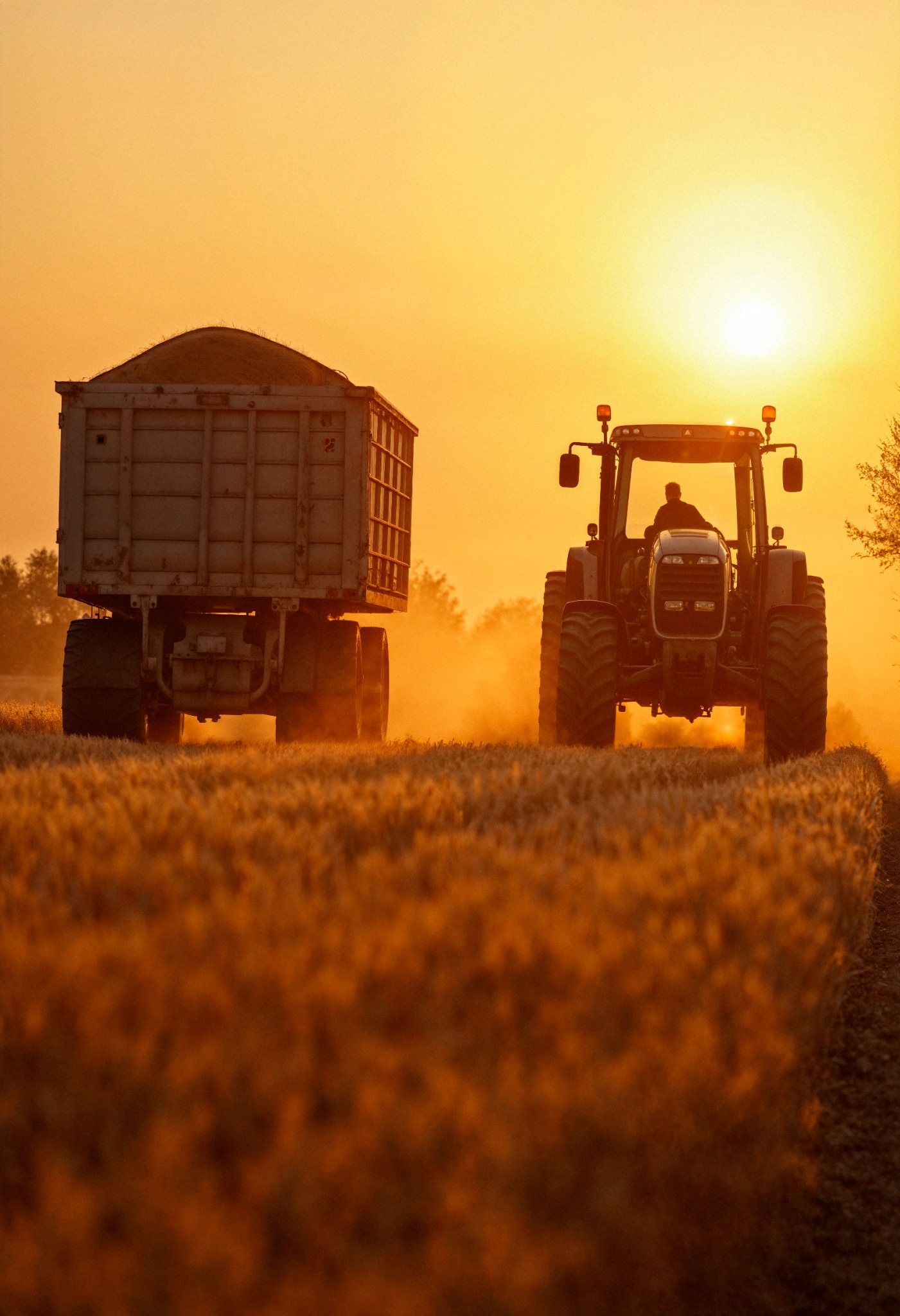 Trator e carreta de grãos no campo ao pôr do sol